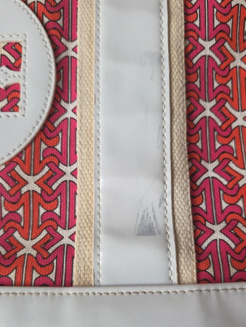 Tory Burch Coral Patterned Canvas Tote with White Trim
